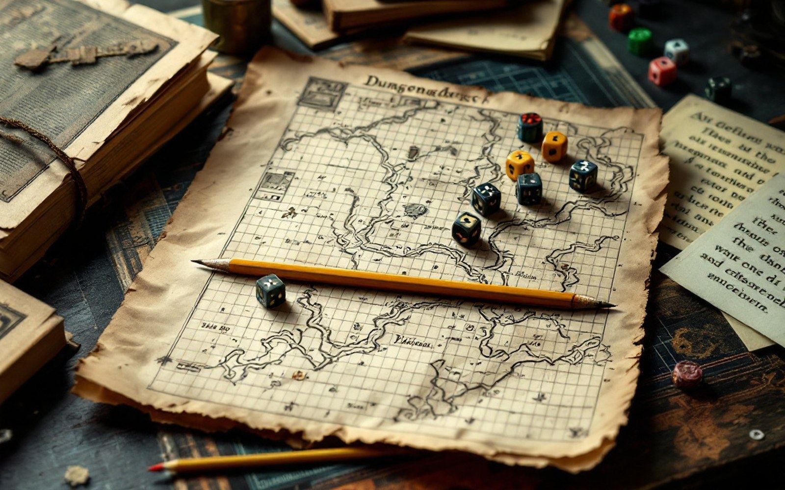 A hand-drawn dungeon map on graph paper with a pencil across it
