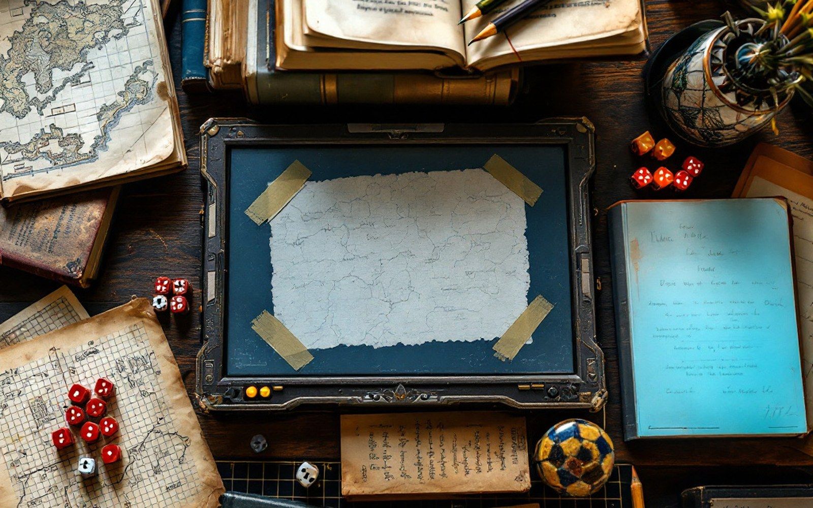 A game master's screen seen from behind with notes taped inside