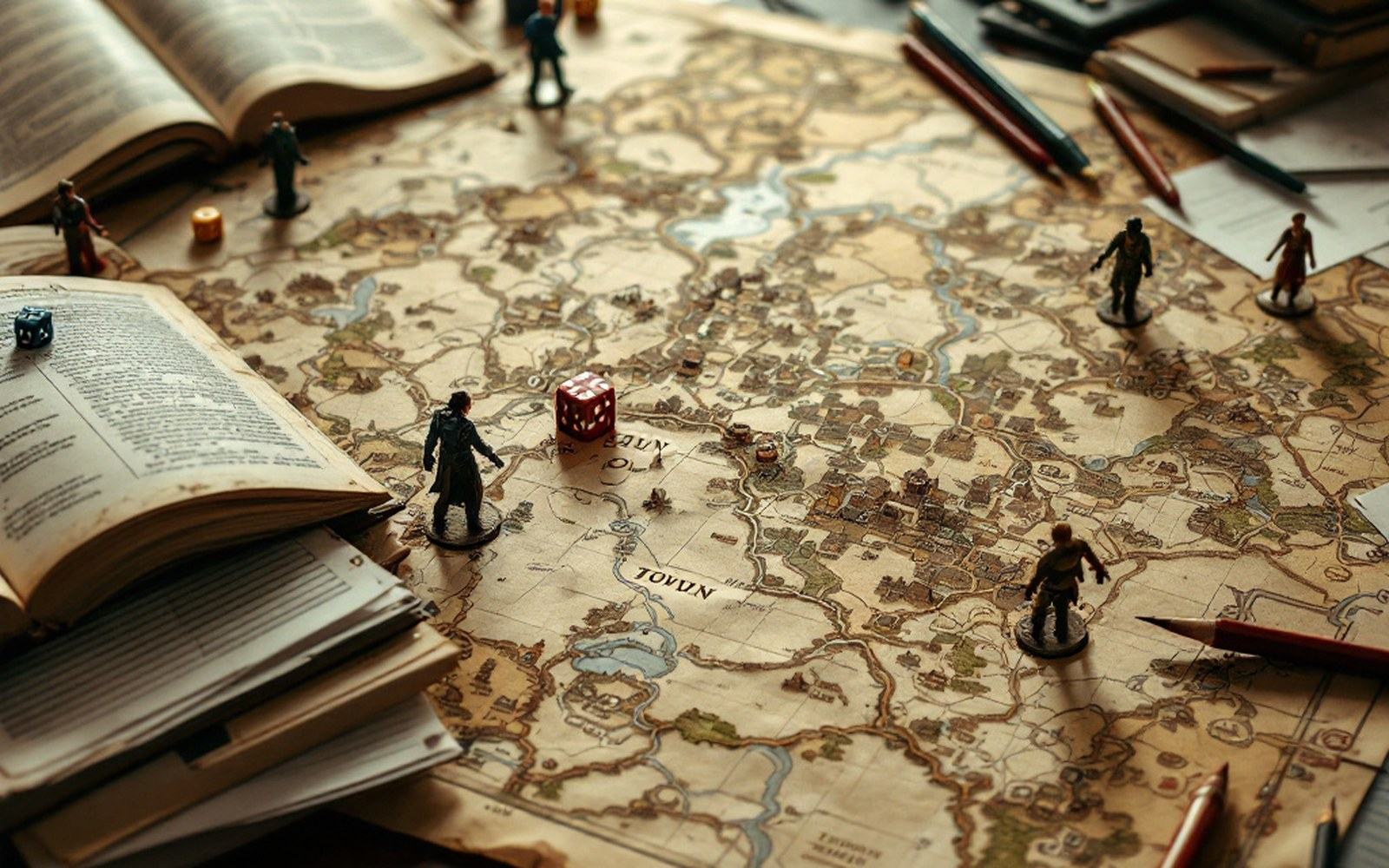 A town map spread on a table with figures at its edges