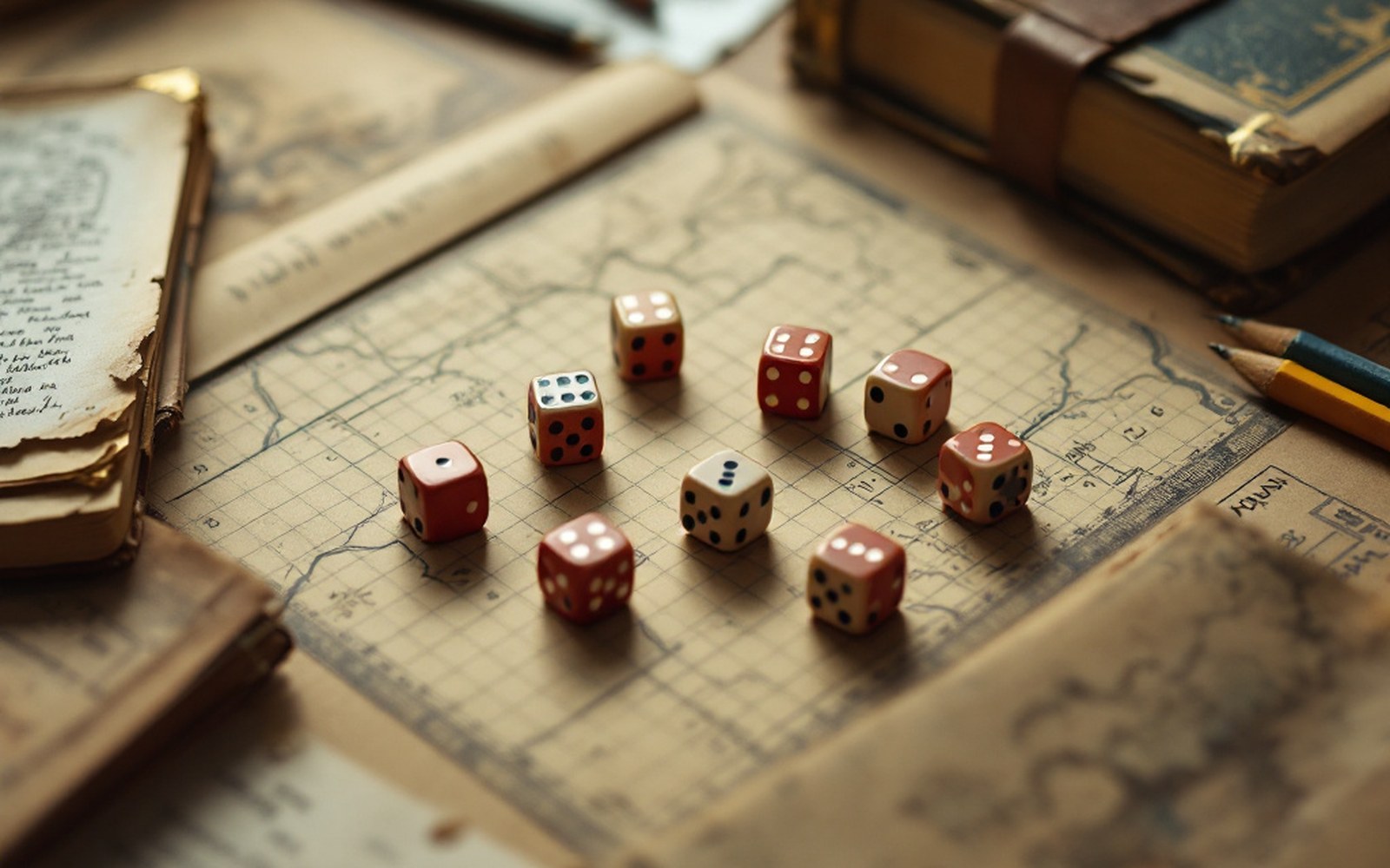 A handful of identical dice mid-roll on a table