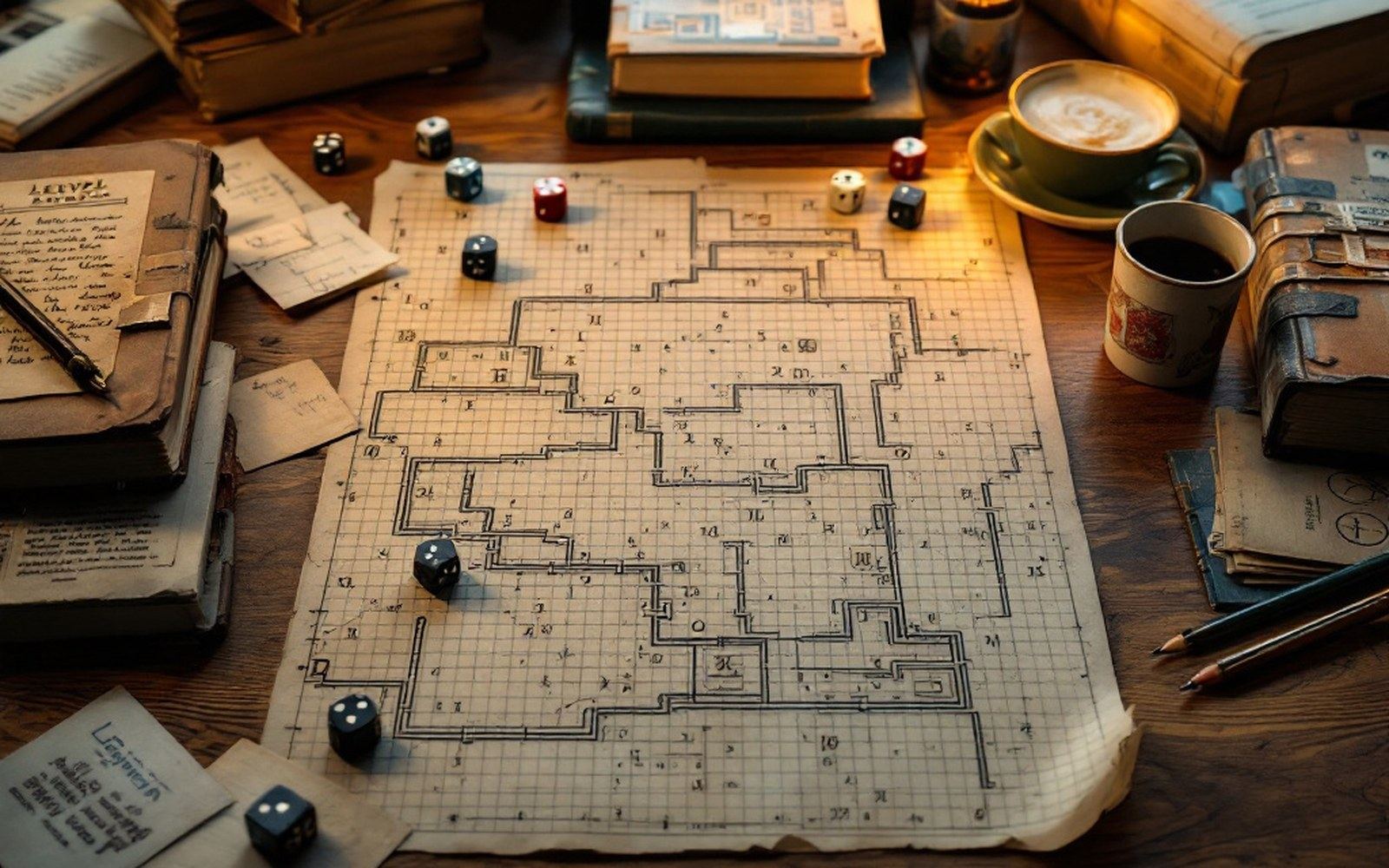 A hand-drawn level map on graph paper with numbered rooms