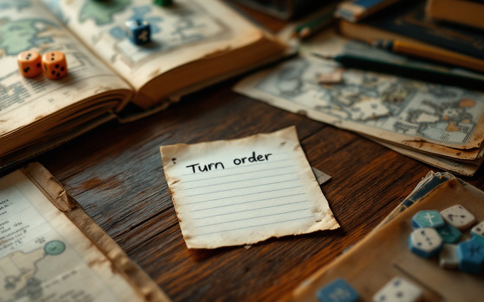 A turn-order list written on an index card