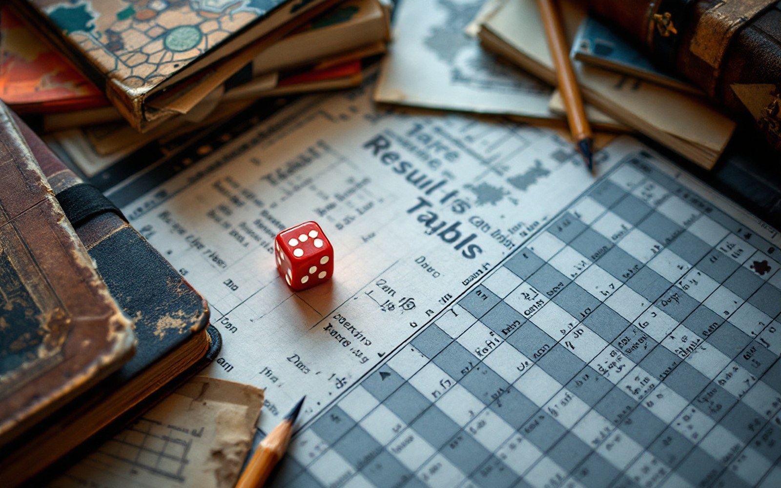 A single die resting on a printed table of results