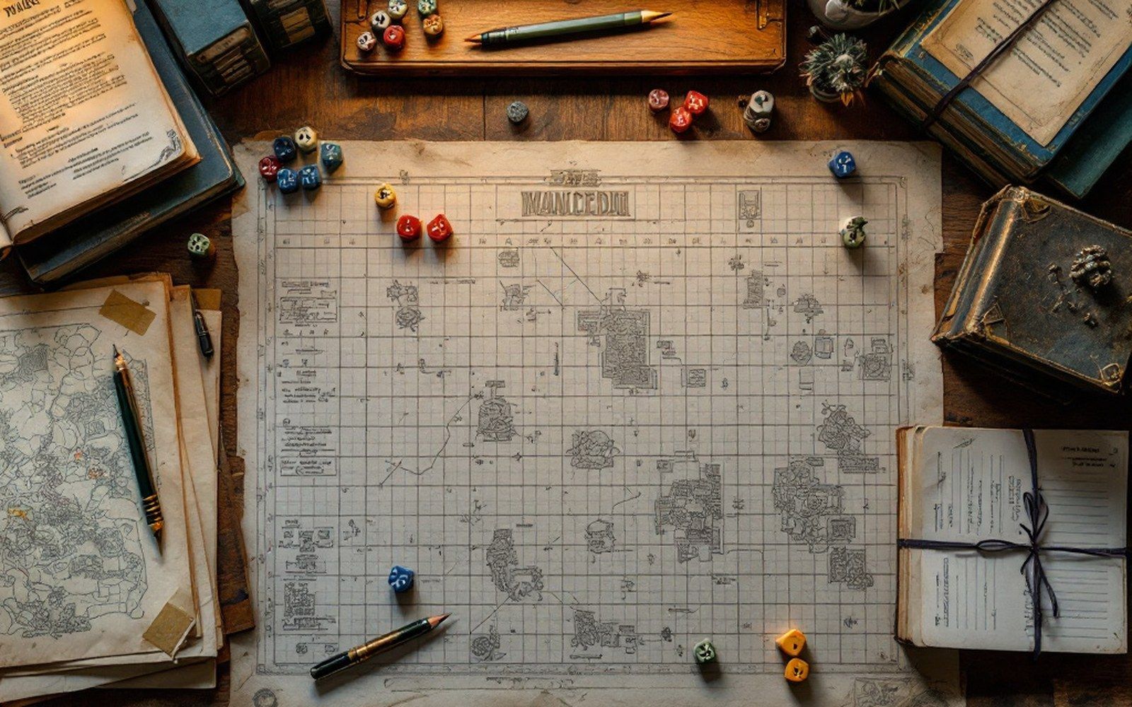 A wargame table of terrain and figures with a rule book beside it