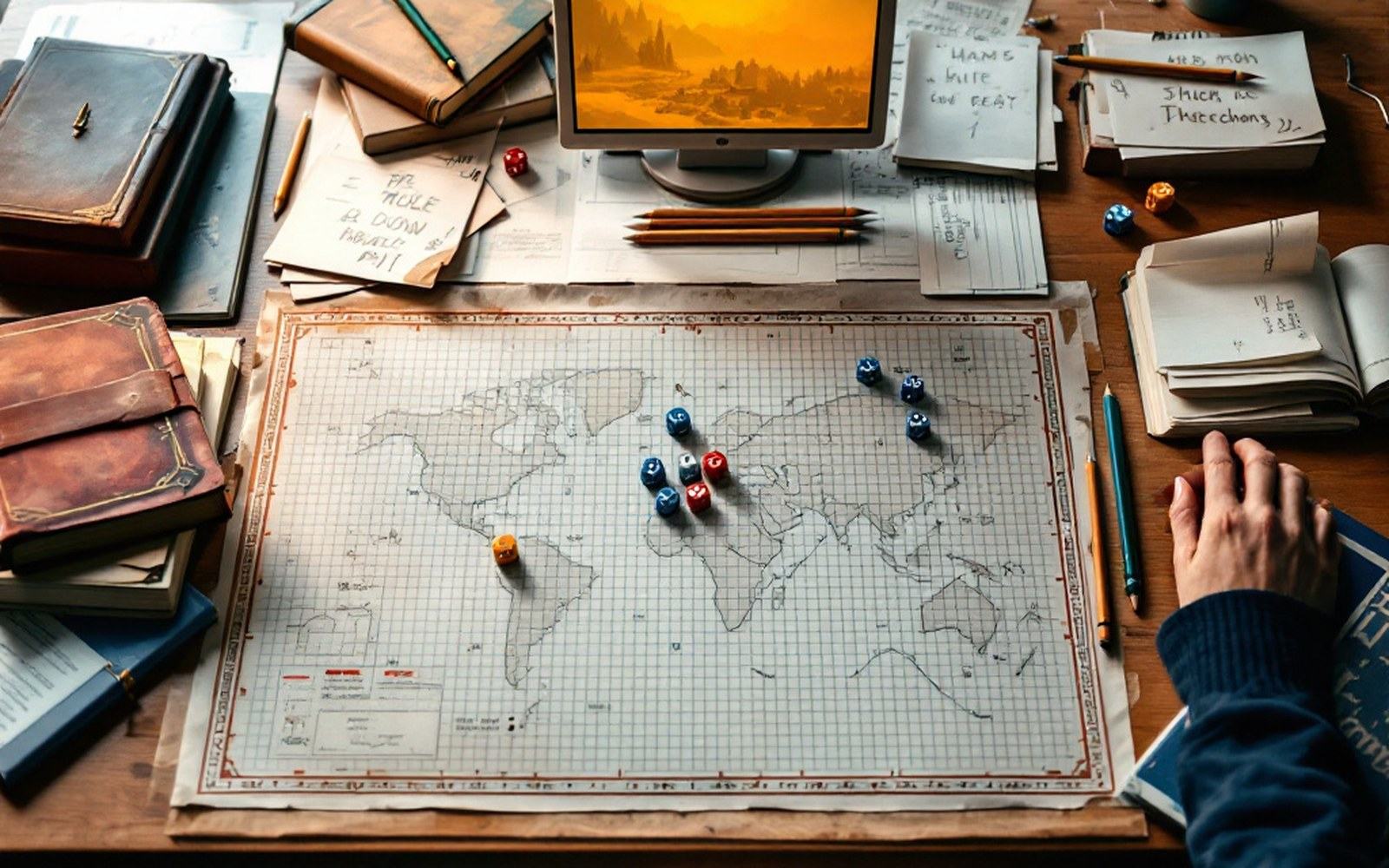 An empty tabletop set with dice, paper and a screen